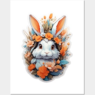 Cute Rabbit Head With Fantasy Flowers Splash Posters and Art